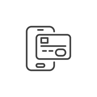 Çevrimiçi bankacılık hattı simgesi. Mobil konsept ve web tasarımı için doğrusal biçim işareti. Cep telefonu ve kredi kartı taslak vektör simgesi. Sembol, logo çizimi. Vektör grafikleri