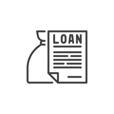 Banka kredisi simgesi. Mobil konsept ve web tasarımı için doğrusal biçim işareti. Para çantası ve kredi belgesi taslak vektör simgesi. Sembol, logo çizimi. Vektör grafikleri