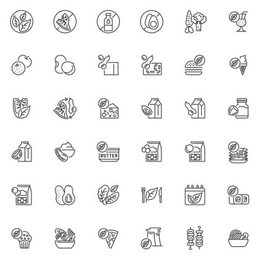 Vejetaryen yemek çizgisi simgeleri hazır. Doğrusal biçim sembolleri koleksiyonu, ana tabela işaretleri paketi. Vejetaryen yemek menüsü vektör grafikleri. Sette bitki temelli gıda, baklagiller, tofu, tempeh, meyve ve sebze gibi ikonlar yer alıyor
