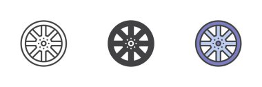 Tekerlek farklı stil simgesi seti. Çizgi, kabartma ve doldurulmuş renkli versiyon, ana hatlar ve doldurulmuş vektör işareti. Sembol, logo çizimi. Vektör grafikleri