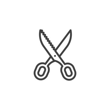 Pembe makas çizgisi simgesi. Mobil konsept ve web tasarımı için doğrusal biçim işareti. Makas gördüm, ana hatlı vektör simgesi. Sembol, logo çizimi. Vektör grafikleri