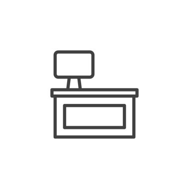 Bilgisayar çizgisi simgesi olan resepsiyon masası. Mobil konsept ve web tasarımı için doğrusal biçim işareti. Otel resepsiyonunun ana hatları vektör ikonu. Sembol, logo çizimi. Vektör grafikleri