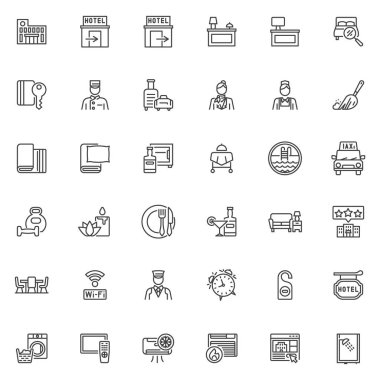 Otel servis hattı simgeleri ayarlandı. Doğrusal biçim sembolleri koleksiyonu, ana tabela işaretleri paketi. Otel vektör grafikleri. Set simgeleri check-in, bavul, hizmetçi servisi, oda yemeği, çevrimiçi rezervasyon, spor salonu olarak içerir