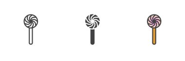 Lolipop şekeri farklı stil ikon seti. Çizgi, kabartma ve doldurulmuş renkli versiyon, ana hatlar ve doldurulmuş vektör işareti. Sembol, logo çizimi. Vektör grafikleri