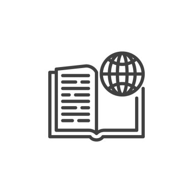 Ansiklopedi Kitap Çizgisi ikonu. Mobil konsept ve web tasarımı için doğrusal biçim işareti. Küresel ana hatlı vektör ikonu olan bir kitap. Küresel eğitim sembolü, logo çizimi. Vektör grafikleri