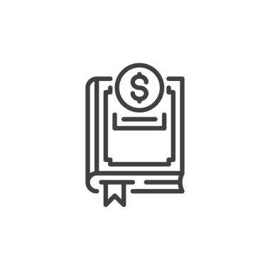 Kitap Bağış Hattı ikonu. Mobil konsept ve web tasarımı için doğrusal biçim işareti. Nişanlı kitabı vektör ikonunu özetliyor. İş eğitimi sembolü, logo illüstrasyonu. Vektör grafikleri