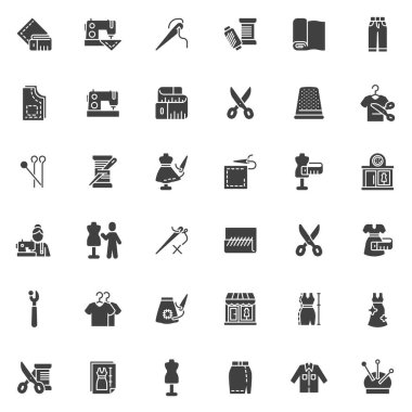Terzi servis vektör simgeleri seti, modern katı sembol koleksiyonu, doldurulmuş biçim piktogram paketi. İşaretler, logo illüstrasyonu. Set simgeleri dikiş, nakış, nakış, terzi mankeni, kumaş gibi içerir