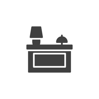 Çan ve lamba vektör ikonlu resepsiyon masası. Mobil konsept ve web tasarımı için düz tabela. Otel resepsiyon sembolü. Sembol, logo çizimi. Vektör grafikleri