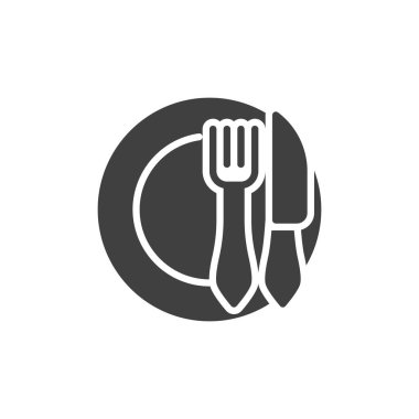 Bıçak ve çatal vektör ikonlu plaka. Mobil konsept ve web tasarımı için düz tabela. Restoran servis simgesi simgesi. Sembol, logo çizimi. Vektör grafikleri
