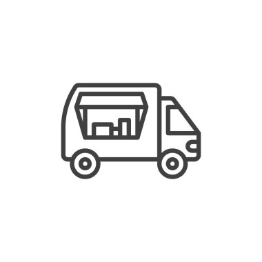 Yemek kamyonu ikonu. Mobil konsept ve web tasarımı için doğrusal biçim işareti. Sokak yemekleri kamyonunun ana hatları vektör ikonu. Sembol, logo çizimi. Vektör grafikleri