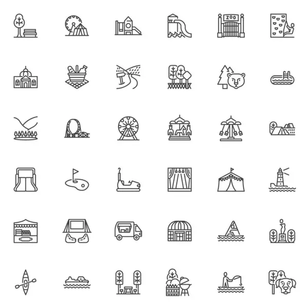 Outdoors activities line icons set. linear style symbols collection, outline signs pack. Recreation and entertainment vector graphics. Set includes icons as amusement park, playground, picnic, fishing