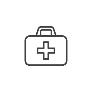 İlk yardım çantası çizgisi simgesi. Mobil konsept ve web tasarımı için doğrusal biçim işareti. Tıbbi çanta ana hatları vektör simgesi. Sembol, logo çizimi. Vektör grafikleri