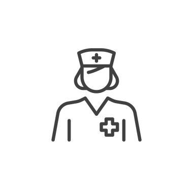 Kadın doktor çizgisi ikonu. Mobil konsept ve web tasarımı için doğrusal biçim işareti. Hemşire doktor vektör ikonu. Sembol, logo çizimi. Vektör grafikleri