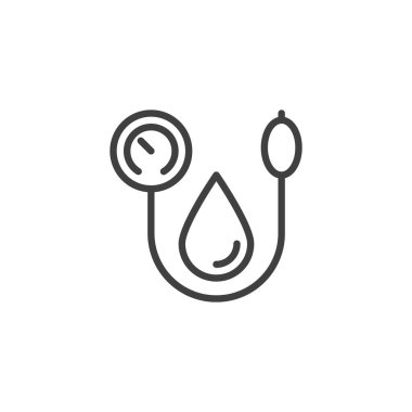 Tansiyon ölçüm çizgisi simgesi. Mobil konsept ve web tasarımı için doğrusal biçim işareti. Tansiyon tedavisi ana hatlı vektör ikonu. Kardiyoloji kontrol sembolü, logo çizimi. Vektör grafikleri