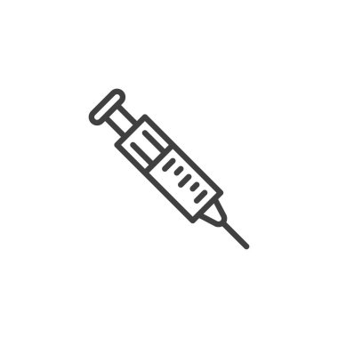 Tıbbi şırınga çizgisi ikonu. Mobil konsept ve web tasarımı için doğrusal biçim işareti. Aşı enjeksiyonu ana hatlı vektör ikonu. Sembol, logo çizimi. Vektör grafikleri