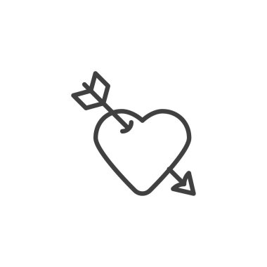 Ok çizgisi ikonlu kalp. Mobil konsept ve web tasarımı için doğrusal biçim işareti. Amour Heart ana hatları vektör simgesi. Aşk sembolü, logo illüstrasyonu. Vektör grafikleri