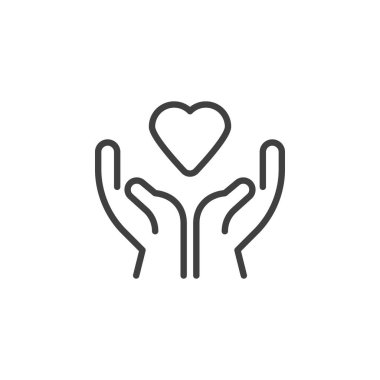 Kalp çizgisi simgesini tutan eller. Mobil konsept ve web tasarımı için doğrusal biçim işareti. Kalp çizgili vektör ikonu olan eller. Aşk sembolü, logo illüstrasyonu. Vektör grafikleri