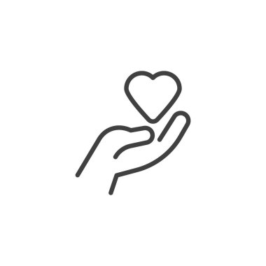 El ve kalp çizgisi ikonu. Mobil konsept ve web tasarımı için doğrusal biçim işareti. El ve kalp çizgisi vektör ikonu. Aşk sembolü, logo illüstrasyonu. Vektör grafikleri