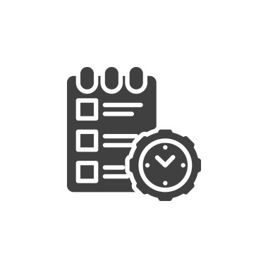 Proje yönetimi vektör simgesi. Saat teçhizatı ve kontrol listesi mobil konsept ve web tasarımı için düz tabela doldurdu. Zaman Yönetimi sembol simgesi. Sembol, logo çizimi. Vektör grafikleri