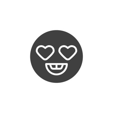 Aşk ikonu vektör ikonunda. Mobil konsept ve web tasarımı için düz tabela. Kalp şeklinde gözleri olan Emoji sembolü. Sevilen sembol, logo çizimi. Vektör grafikleri
