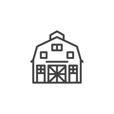 Çiftlik ahırı ikonu. Mobil konsept ve web tasarımı için doğrusal biçim işareti. Hangar deposu ana hat vektör ikonu. Tarım sembolü, logo çizimi. Vektör grafikleri