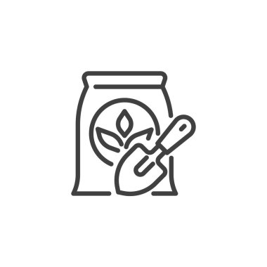 Gübre torbası ikonu. Mobil konsept ve web tasarımı için doğrusal biçim işareti. Gübre çuvalı ve mala çizgisi vektör ikonu. Sembol, logo çizimi. Vektör grafikleri