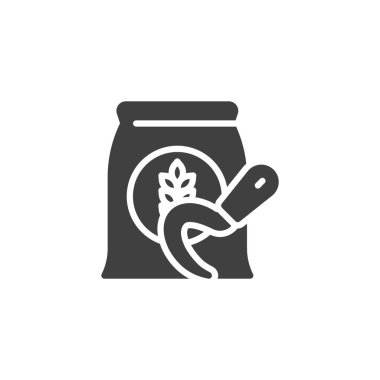 Buğday toplama vektör simgesi. Mobil konsept ve web tasarımı için düz tabela. Buğday torbası ve orak sembolü. Sembol, logo çizimi. Vektör grafikleri