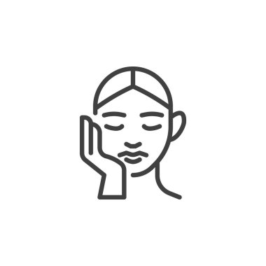 El ve yüz çizgisi ikonu. Mobil konsept ve web tasarımı için doğrusal biçim işareti. Kadın yüzü ve el çizimi vektör simgesi. Cilt bakımı sembolü, logo çizimi. Vektör grafikleri