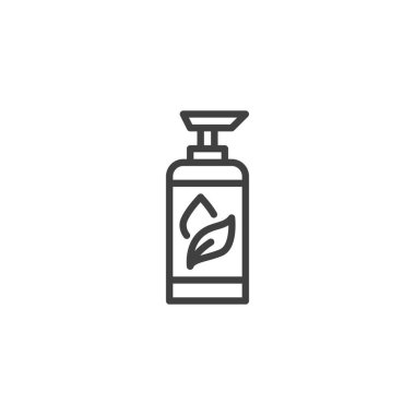 Bitkisel Temizleme Yağı çizgisi simgesi. Mobil konsept ve web tasarımı için sıvı sabun dağıtıcı doğrusal işaret. Jel şişesi temizleme ana hatları vektör simgesi. Sembol, logo çizimi. Vektör grafikleri