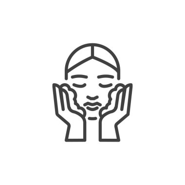 Kadın yüz yıkama ipi ikonu. Mobil konsept ve web tasarımı için doğrusal biçim işareti. Nemlendirici krem ana hatlı vektör simgesi uygulanıyor. Sembol, logo çizimi. Vektör grafikleri