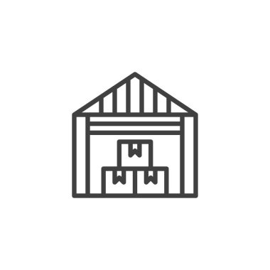 Lojistik depo hattı ikonu. Mobil konsept ve web tasarımı için doğrusal biçim işareti. Kutuların olduğu depo ana vektör simgesi. Kargo depolama sembolü, logo çizimi. Vektör grafikleri