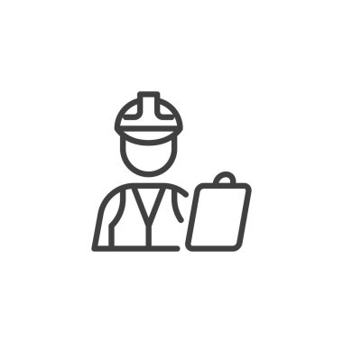 Yük komisyoncusu çizgisi simgesi. Mobil konsept ve web tasarımı için pano doğrusal tabela takmış biri. Kargo işçisi taslak vektör simgesi. Sembol, logo çizimi. Vektör grafikleri