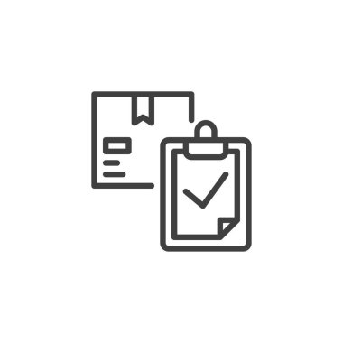 Sipariş tamamlama satırı simgesi. Mobil konsept ve web tasarımı için işaretli doğrusal işaret işareti olan paket kutusu ve pano. Sipariş teslimatı ana hat vektör simgesini tamamladı. Sembol, logo illüstrasyonu