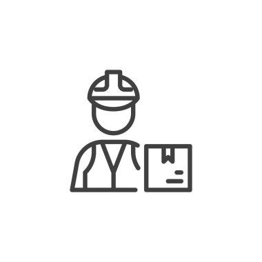 Kutu çizgisi ikonuyla teslimatçı. Mobil konsept ve web tasarımı için doğrusal biçim işareti. Kurye ve paket kutusu ana hatlı vektör simgesi. Sembol, logo çizimi. Vektör grafikleri