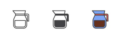 Kahve sürahisi farklı stil ikonu seti. Çizgi, kabartma ve doldurulmuş renkli versiyon, ana hatlar ve doldurulmuş vektör işareti. Atıcı sembolü, logo illüstrasyonu. Vektör grafikleri