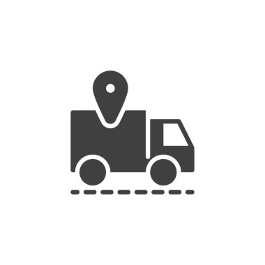 İzleme vektörü simgesi sipariş et. Mobil konsept ve web tasarımı için düz tabela doldurulmuş konum işaretli dağıtım parçası. Sevkiyat izleme simgesi. Sembol, logo çizimi. Vektör grafikleri