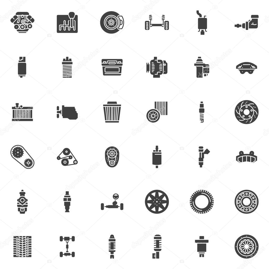 Car parts vector icons set, modern solid symbol collection, filled style pictogram pack. Signs, logo illustration. Set includes icons as car engine repair, wheel tyre, brake system, clutch, air filter