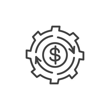 Varlık Yönetimi çizgi simgesi. Mobil konsept ve web tasarımı için doğrusal biçim işareti. Taslak vektör ikonu içinde para ve oklarla donatılmış. Sembol, logo çizimi. Vektör grafikleri