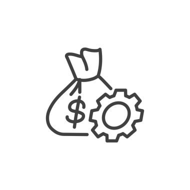 Varlık yönetimi simgesi. Para çantası ve vites kutusu, mobil konsept ve web tasarımı için doğrusal tabela. Mali yönetim vektör ikonu. Sembol, logo çizimi. Vektör grafikleri