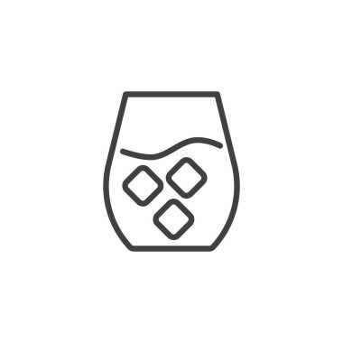 Buz küpleri çizgisi ikonlu su bardağı. Mobil konsept ve web tasarımı için doğrusal biçim işareti. Buzlu İçecek ana hatları vektör simgesi. Soğuk içecek sembolü, logo illüstrasyonu. Vektör grafikleri