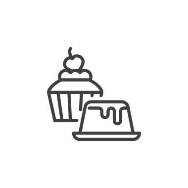 Kek ve kek çizgisi ikonu. Mobil konsept ve web tasarımı için doğrusal biçim işareti. Hamur tatlısı ana hatlı vektör ikonu. Sembol, logo çizimi. Vektör grafikleri