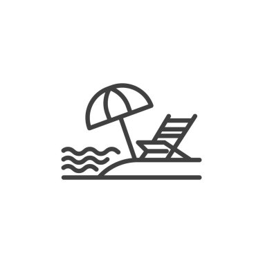 Plaj şemsiyesi ikonu. Mobil konsept ve web tasarımı için doğrusal biçim işareti. Deniz şemsiyesi ve şezlong taslak vektör simgesi. Sembol, logo çizimi. Vektör grafikleri