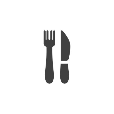 Çatal vektör ikonlu bıçak. Mobil konsept ve web tasarımı için düz tabela. Çatal ve Bıçak sembolü. Restoran sembolü, logo çizimi. Vektör grafikleri