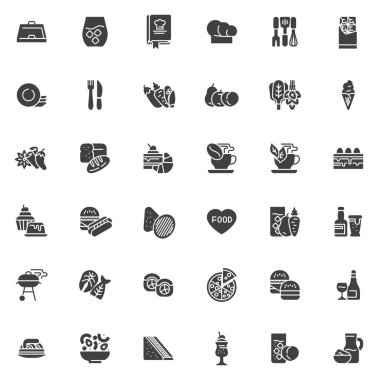 Yiyecek ve içecek ikonları seti, modern katı sembol koleksiyonu, doldurulmuş resim paketi. İşaretler, logo illüstrasyonu. Sette meyve ve sebze olarak ikonlar, deniz ürünleri menüsü, kokteyller, tatlı