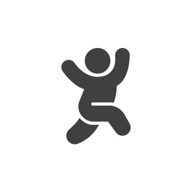 Dans eden kişi vektör simgesi. Mobil konsept ve web tasarımı için düz tabela. Kaldırılmış el sembolü olan zıplayan adam. Aktivite sembolü, logo illüstrasyonu. Vektör grafikleri