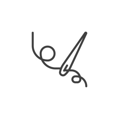 İplik çizgisi ikonlu iğne. Mobil konsept ve web tasarımı için doğrusal biçim işareti. Dikiş araçları ana hatlı vektör simgesi. Sembol, logo çizimi. Vektör grafikleri