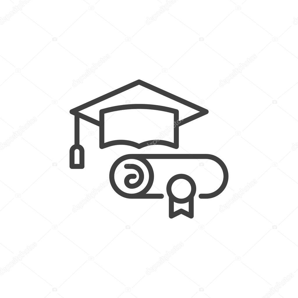 Graduation hat and diploma line icon. linear style sign for mobile concept and web design. Academic hat and diploma scroll outline vector icon. Education symbol, logo illustration. Vector graphics