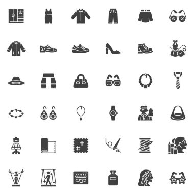 Moda ve biçim vektör simgeleri seti, modern katı sembol koleksiyonu, doldurulmuş biçim piktogram paketi. İşaretler, logo illüstrasyonu. Sette kıyafetler, ayakkabılar, mücevherler, makyaj kozmetik ürünleri, saç stili gibi simgeler yer alıyor