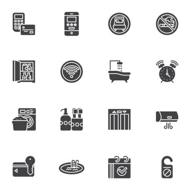 Otel servisi ilgili vektör simgeleri seti, modern katı sembol koleksiyonu, doldurulmuş biçim piktogram paketi. İşaretler, logo illüstrasyonu. Sette online rezervasyon, mini bar, banyo, çamaşır, spa gibi simgeler yer alıyor