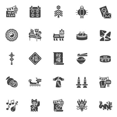 Çin Yeni Yıl kutlama ikonları seti, modern katı sembol koleksiyonu, doldurulmuş resim paketi. Logo illüstrasyonu işaretleri. Set, ejderha dansı, ay takvimi, zodyak ve fener olarak simgeleri içerir.
